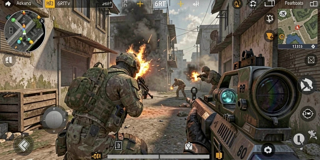 Tampilan gameplay 6RT dengan aksi menembak yang intens.