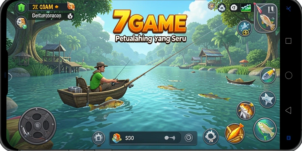 Tangkapan layar gameplay 7GAME yang menunjukkan momen memancing yang mendebarkan.