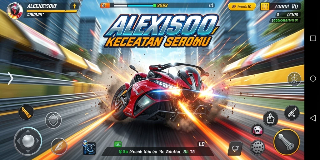 Screenshot gameplay ALEXIS500 menampilkan balapan yang penuh aksi dan grafis menakjubkan.