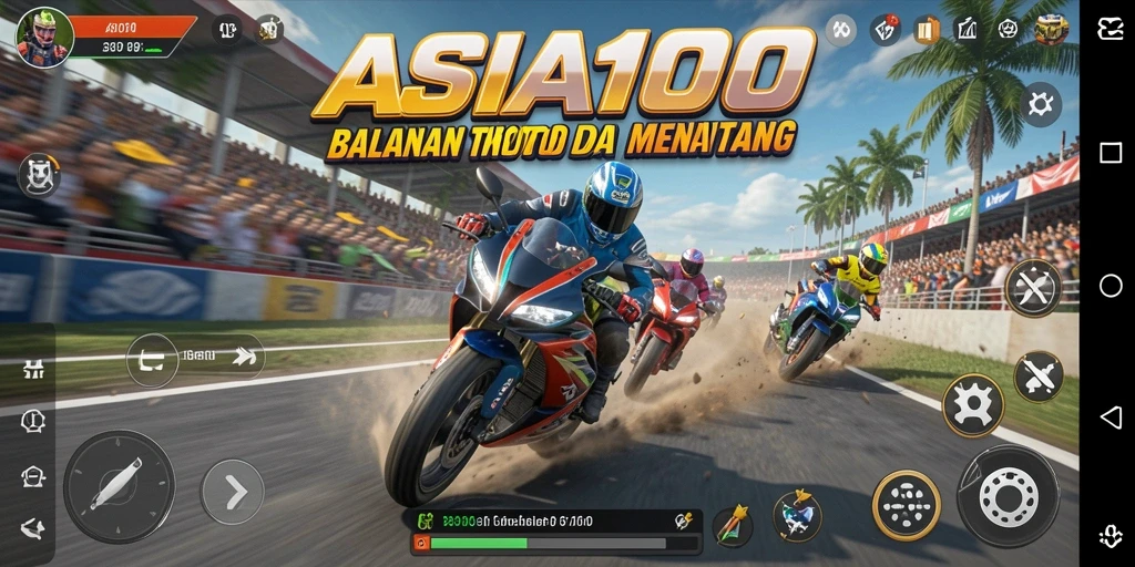 Screenshot ASIA100 menunjukkan aksi balapan motor yang intens.