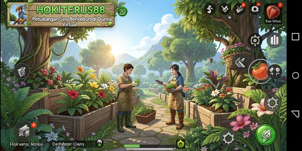 Tampilan gameplay HOKITERUS88 menunjukkan aktivitas berkebun yang seru dan interaktif.