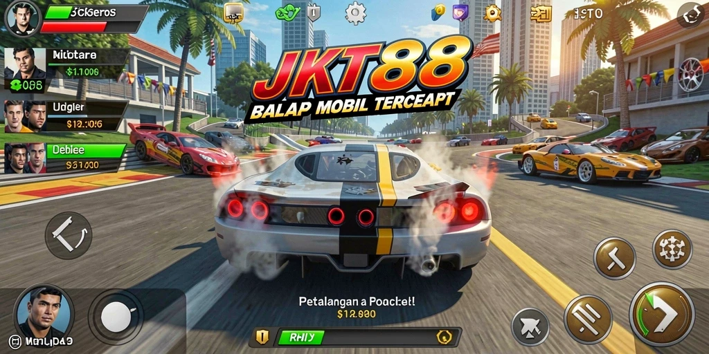 Tampilan gameplay mendebarkan dari JKT88 dengan mobil balap yang melaju kencang.