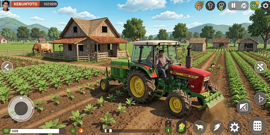 Tangkapan layar dari gameplay <strong>KEBUNTOTO</strong> yang menunjukkan kebun yang subur dan aktivitas pertanian.