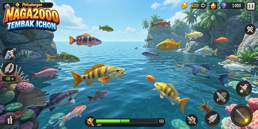 Screenshot dari gameplay seru NAGA2000 menembak ikan.