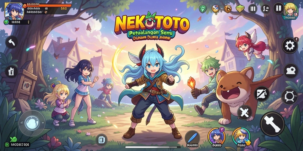 Screenshot gameplay NEKOTOTO yang menunjukkan aksi dan karakter anime.