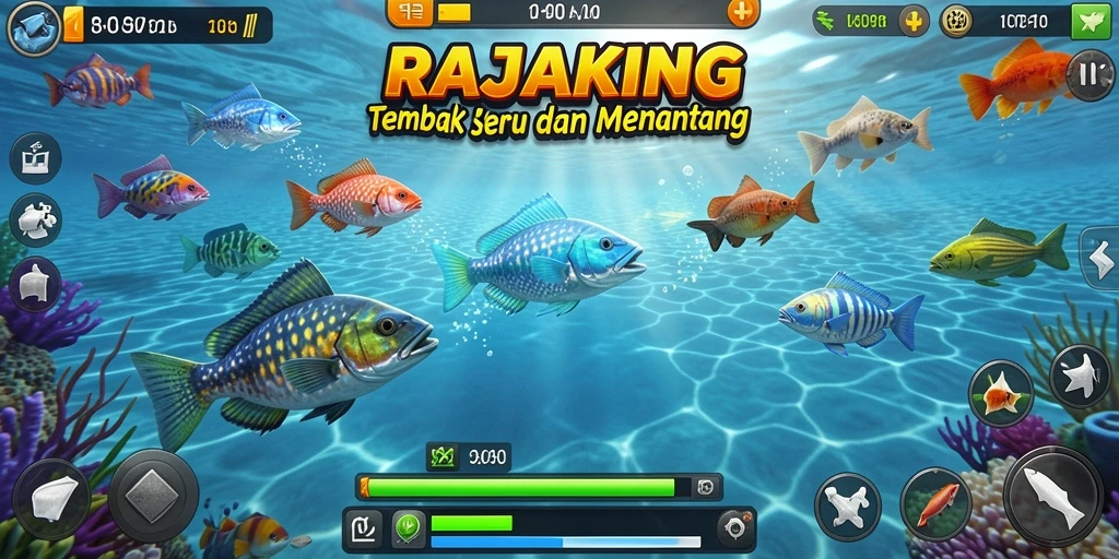 Tampilan utama gameplay RAJAKING menampilkan aksi menembak ikan yang seru.