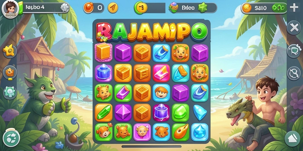 Gameplay seru RAJAMPO dengan permata berwarna-warni.