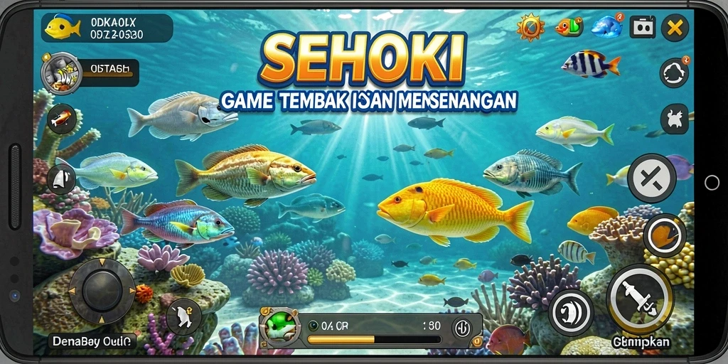Gameplay seru dalam SEHOKI dengan berbagai ikan berwarna-warni.
